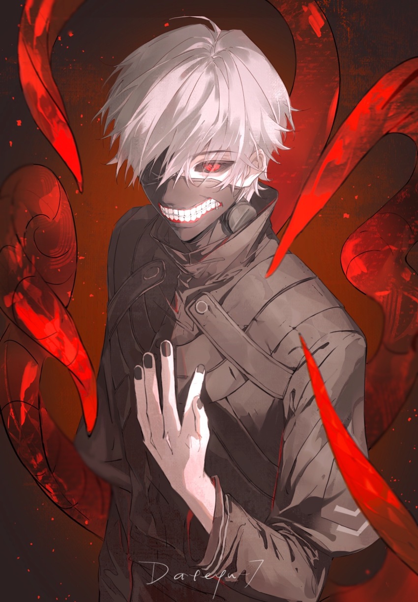 1boy arm_up artist_name black_mask black_nails black_sclera black_shirt chinese_commentary collared_shirt colored_sclera commentary_request dateyu-7 highres kaneki_ken layered_sleeves long_sleeves male_focus mask mouth_mask nail_polish popped_collar red_eyes shirt short_hair short_over_long_sleeves short_sleeves solo standing teeth tentacles tokyo_ghoul white_hair
