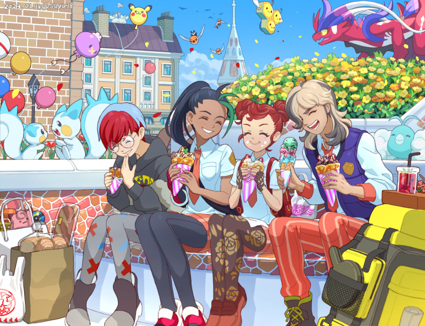 1boy 3girls :t alternate_hair_color alternate_hairstyle arven_(pokemon) backpack bag balloon black_hair black_pantyhose blue_hair boots breast_pocket building character_doll chimney clefairy closed_eyes closed_mouth cloud collared_shirt combee commentary_request dark-skinned_female dark_skin dated day double_bun drifloon eating eyelashes falling_petals fletchling flower food food_on_face gen_1_pokemon gen_3_pokemon gen_4_pokemon gen_6_pokemon grin hair_bun happy holding hood hood_down hoodie juliana_(pokemon) koraidon logo long_hair multicolored_hair multiple_girls necktie nemona_(pokemon) nintendo orange_necktie orange_pants orange_shorts outdoors pachirisu pants pantyhose paper_bag penny_(pokemon) petals pikachu pocket poke_ball pokemon pokemon_sv ponytail print_pantyhose quick_ball red_hair round_eyewear shirt shoes short_hair shorts sitting sky smile suyu38 swablu two-tone_hair unworn_backpack unworn_bag vest window yellow_bag