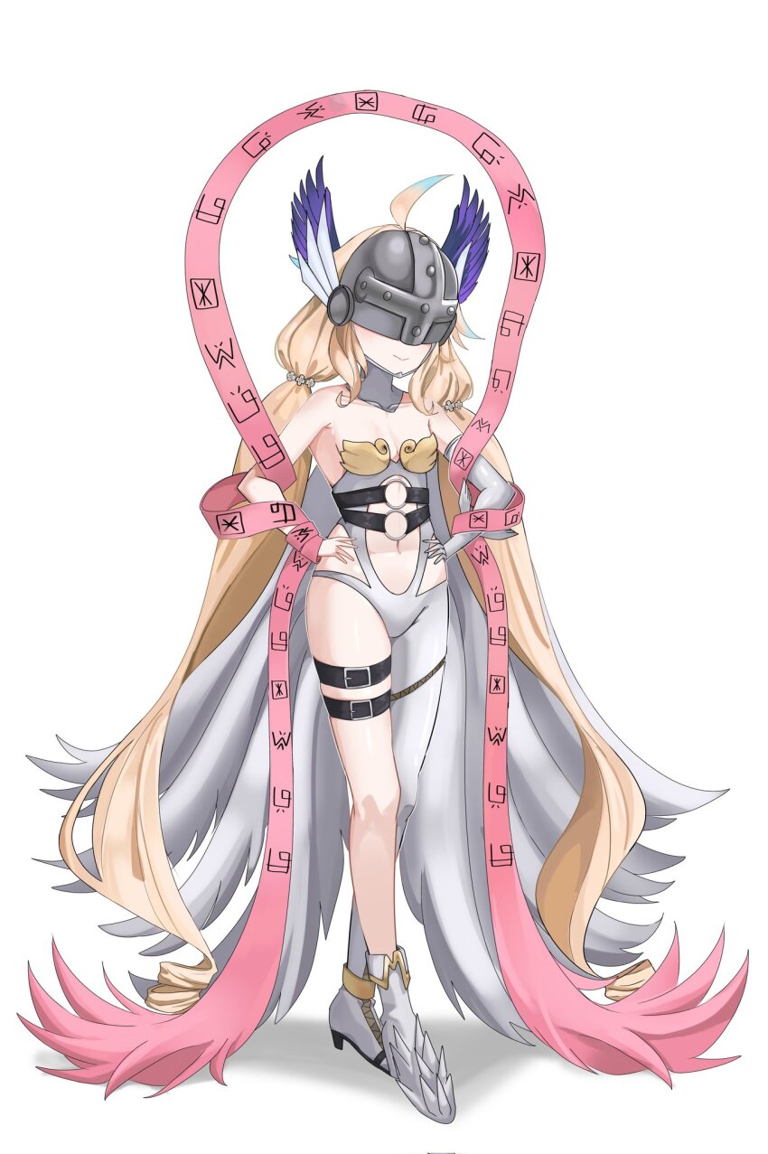 1girl ahoge angel_wings angewomon angewomon_(cosplay) armor asymmetrical_clothes asymmetrical_legwear bare_shoulders belt bird_girl blonde_hair bodysuit boobplate boots breastplate breasts closed_mouth clothes_writing clothing_cutout collarbone colored_tips commentary commission cosplay covered_eyes cross_hair_ornament danndaff digimoji digimon elbow_gloves english_commentary enna_alouette ethyria feathered_wings gloves hagoromo hair_ornament hair_tie hands_on_own_hips head_wings helmet helmet_over_eyes highres light_smile low_drills low_twintails multicolored_hair multiple_belts multiple_wings navel nijisanji nijisanji_en o-ring o-ring_belt purple_wings rivets second-party_source shawl sidelocks simple_background single_bare_leg single_elbow_glove skindentation small_breasts solo spiked_boots stomach_cutout thigh_belt thigh_strap twintails two-tone_hair virtual_youtuber white_background white_bodysuit white_boots white_wings winged_gloves winged_helmet wings wrist_wings