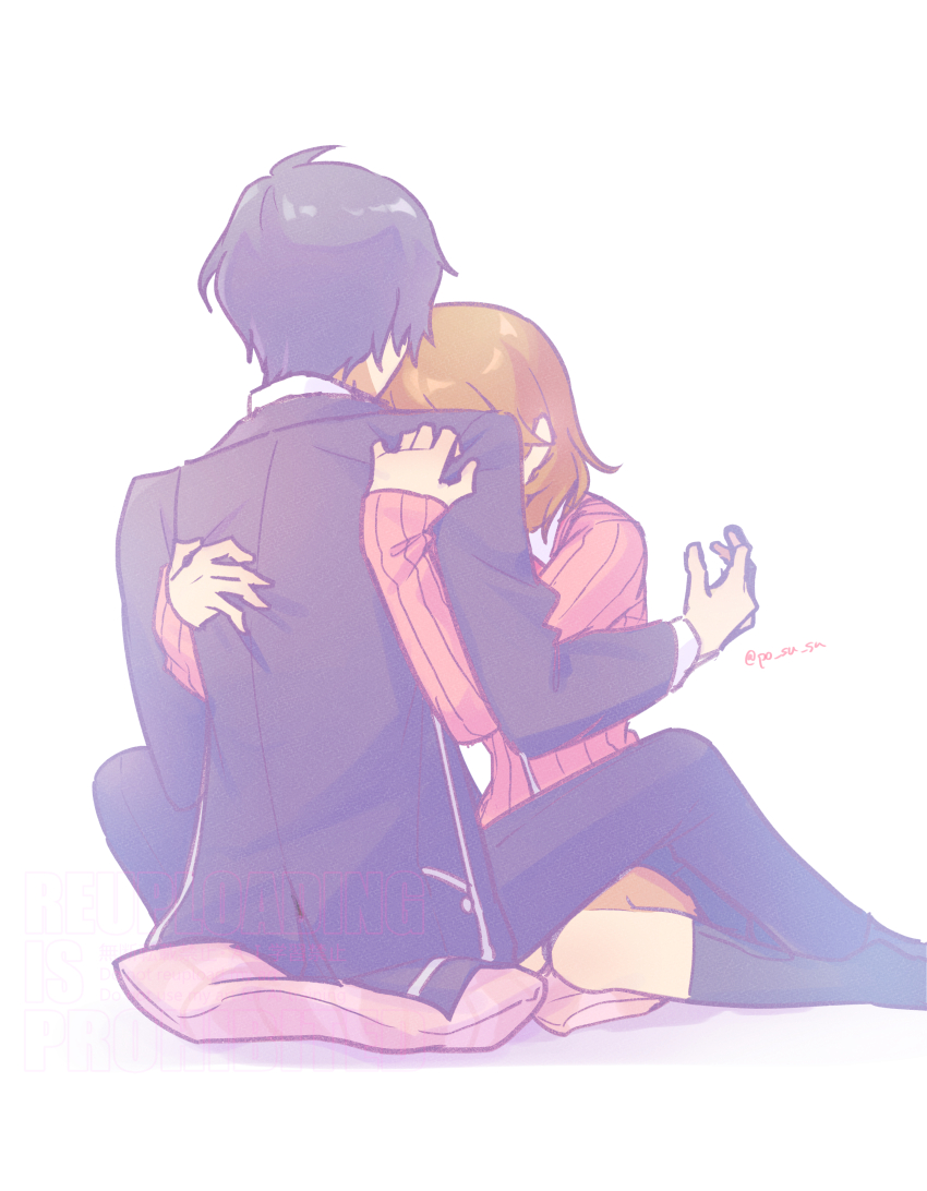 1boy 1girl absurdres black_jacket black_pants black_socks blue_hair bow bowtie brown_hair cardigan collared_shirt commentary feet_out_of_frame from_behind gekkoukan_high_school_uniform highres hug jacket kneehighs long_sleeves medium_hair pants persona persona_3 pillow pink_cardigan po_su_su red_bow red_bowtie ribbed_cardigan school_uniform shirt short_hair sitting sitting_between_lap socks takeba_yukari twitter_username wariza white_background white_shirt yuuki_makoto_(persona_3)