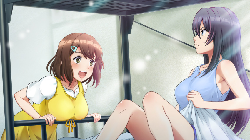 2girls aoi_misa armpit_crease bare_legs bed bed_sheet black_hair blue_eyes blue_tank_top blush breasts brown_hair bunk_bed closed_mouth dress frown game_cg green_eyes hair_ornament hairclip highres holding holding_sheet indoors kandagawa_jet_girls knees_up large_breasts long_hair multicolored_hair multiple_girls namiki_rin naruko_hanaharu non-web_source official_art on_bed open_mouth pinafore_dress purple_hair shirt short_hair short_sleeves sidelocks sitting sleeveless sleeveless_dress small_sweatdrop smile streaked_hair tank_top teeth two-tone_hair upper_teeth_only white_shirt yellow_dress