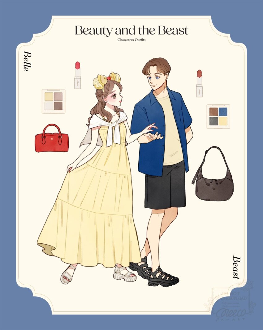1boy 1girl animification beauty_and_the_beast_(disney) belle_(disney) bow brown_eyes brown_hair contemporary dress flower_braid highres jewelry long_hair looking_at_viewer meecosme minnie_mouse_ears ponytail prince_adam_(disney) short_hair smile yellow_dress