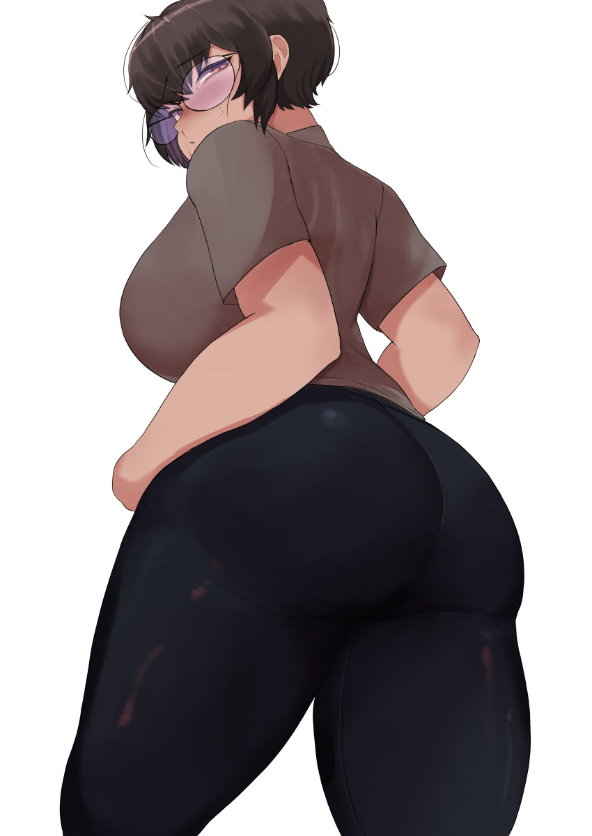 1girl absurdres ass bike_shorts breasts brown_hair brown_shirt curvy glasses highres jimiko k-yuuta1133 large_breasts looking_at_viewer looking_back original plump shirt short_hair simple_background solo standing t-shirt thick_thighs thighs white_background wide_hips