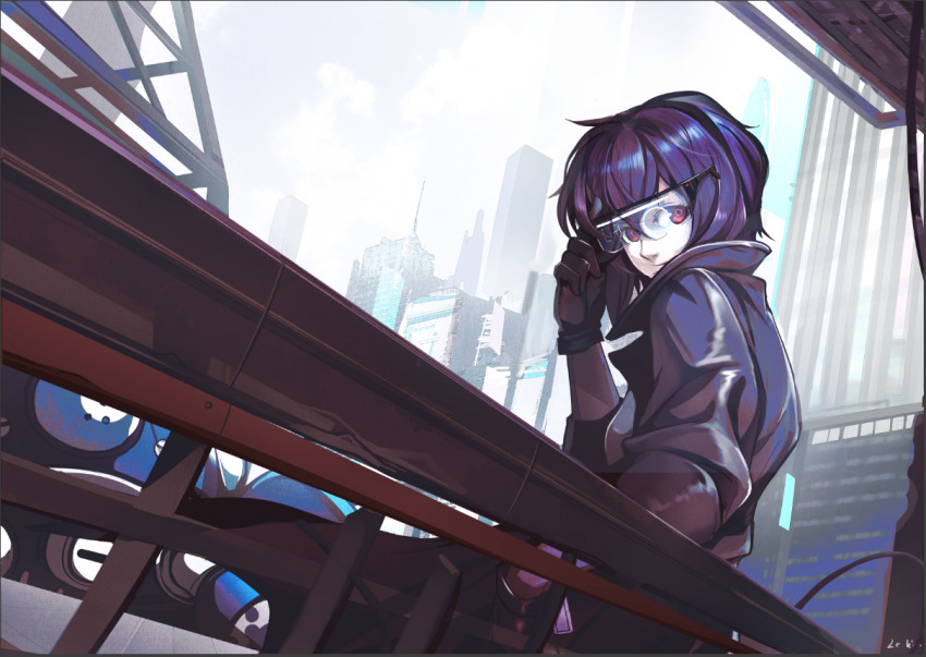1girl breasts building city cityscape day ghost_in_the_shell glasses jacket kusanagi_motoko lc.kid looking_to_the_side medium_breasts non-humanoid_robot purple_hair red_eyes robot scenery skyscraper solo tachikoma