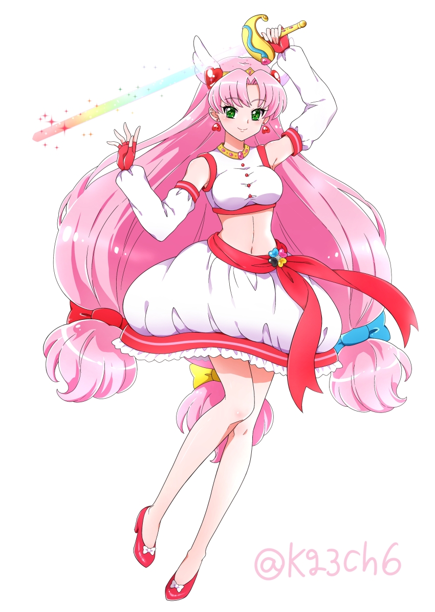 1girl absurdres amemiya_nijika_(benit149) armpits bare_legs blue_bow bow breasts bubble_skirt closed_mouth commentary commission commissioner_upload crop_top cure_chroma_(benit149) dot_nose earrings fingerless_gloves footwear_bow full_body gloves green_eyes hair_bow hair_ornament heart heart_earrings heart_hair_ornament high_heels highres holding holding_sword holding_weapon jewelry kagami_chihiro left-handed legs_together long_hair looking_at_viewer low-tied_long_hair magical_girl medium_breasts midriff multicolored_sword multiple_hair_bows navel necklace original parted_bangs pink_hair pixiv_commission precure rapier red_bow red_gloves red_ribbon red_shoes ribbon shoes simple_background skirt smile solo sparkle sword tiara tri_tails twitter_username very_long_hair waist_brooch weapon white_arm_warmers white_background white_bow white_skirt yellow_bow