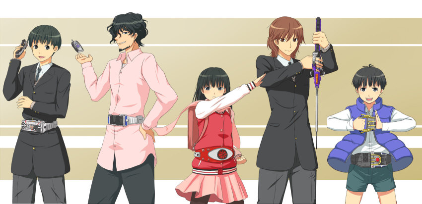 1girl 4boys aged_down amagami ayatsuji_tsukasa belt cellphone hanazono_seiji highres kamen_rider kamen_rider_(1st_series) kamen_rider_1 kamen_rider_555 kamen_rider_delta kamen_rider_ixa kamen_rider_kabuto_(series) kamen_rider_kiva_(series) kamen_rider_psyga kamen_rider_sasword kisato_romeo michael_gallagher multiple_boys nanasaki_ikuo parody phone sword thighhighs toki_(tokihakashi) weapon
