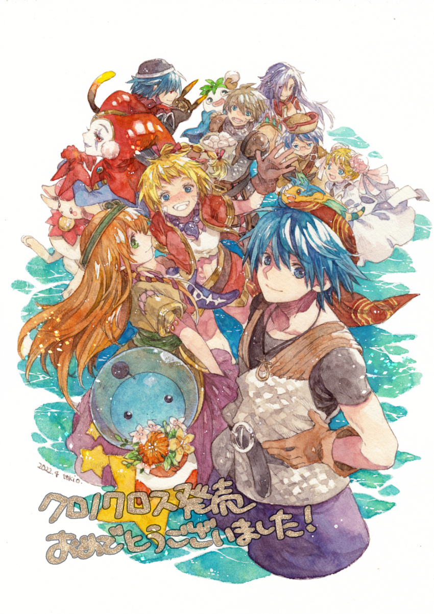 alien bancliff bandana belt blonde_hair blue_hair brown_hair chrono_cross draggy everyone flower glenn gloves hairband harlequin highres holding holding_flower hoshi_no_ko jewelry kabuo karsh kid_(chrono_cross) marcy_(chrono_cross) multiple_boys multiple_girls necklace orange_hair pip purple_hair red_bandana leena_(chrono_cross) serge_(chrono_cross) square_enix tokio_(okt0w0) harle_(chrono_cross) upper_body