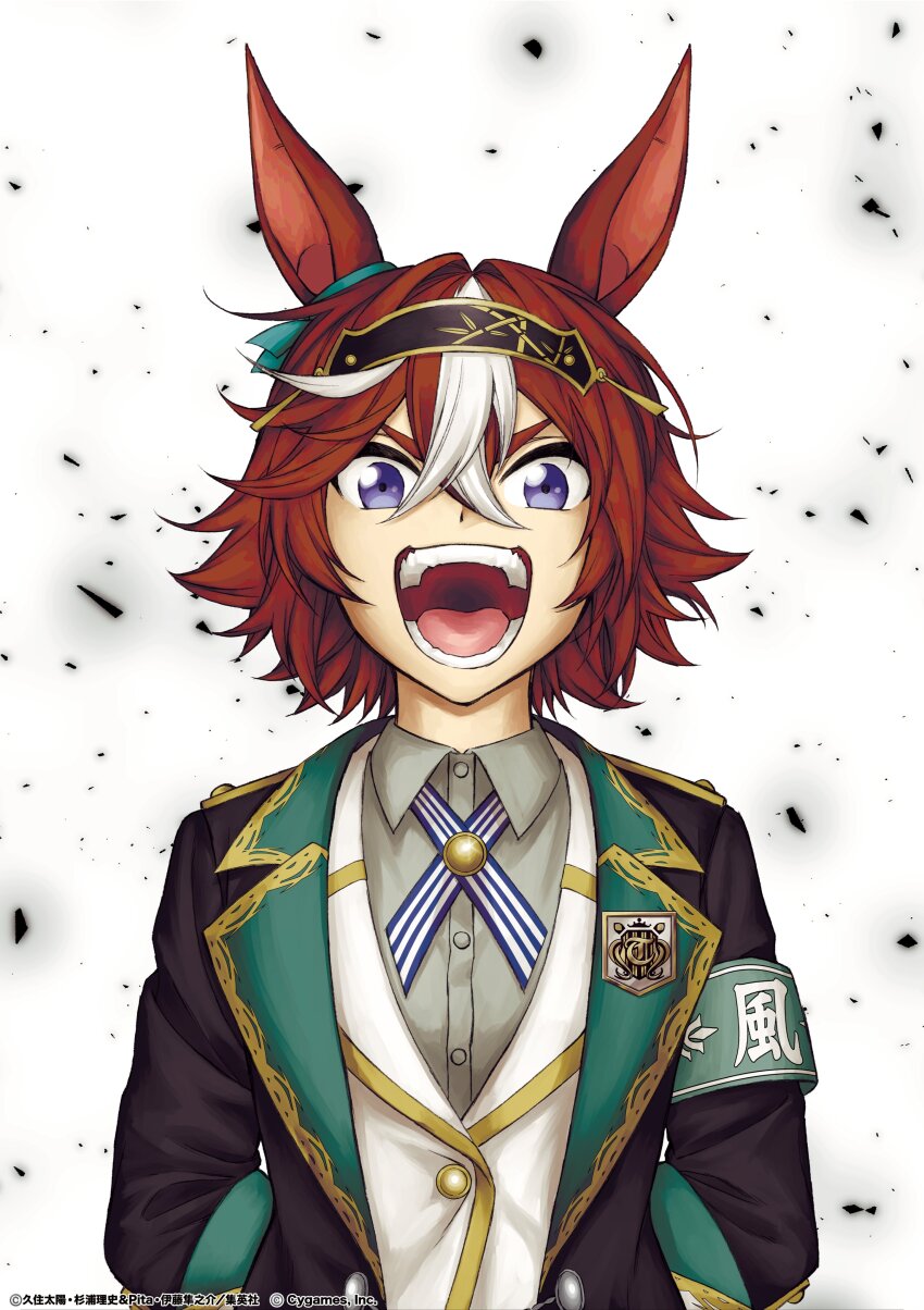 1girl absurdres animal_ears armband bamboo_memory_(ambition_of_the_black_iron)_(umamusume) bamboo_memory_(umamusume) black_jacket blue_ribbon brown_hair collared_shirt commentary_request debris green_armband grey_shirt hachimaki hair_between_eyes hairband headband highres horse_ears horse_girl jacket kuzumi_taiyou looking_at_viewer neck_ribbon official_art open_mouth purple_eyes ribbon shirt short_hair shouting solo umamusume umamusume:_cinderella_gray upper_body white_background white_hair white_jacket