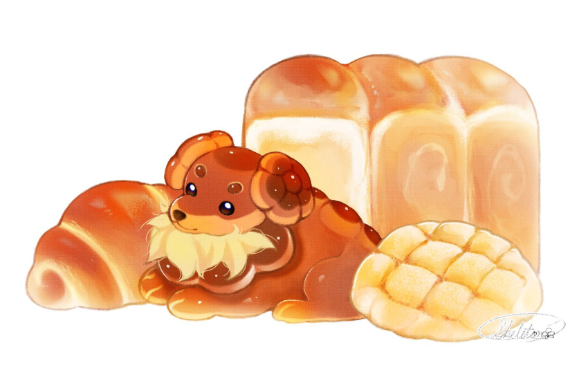 :3 animal_focus bread closed_mouth commentary_request croissant dachsbun dog food loaf_of_bread nintendo no_humans pokemon pokemon_(creature) pokemon_focus signature simple_background smile solo white_background zero_(ribia)