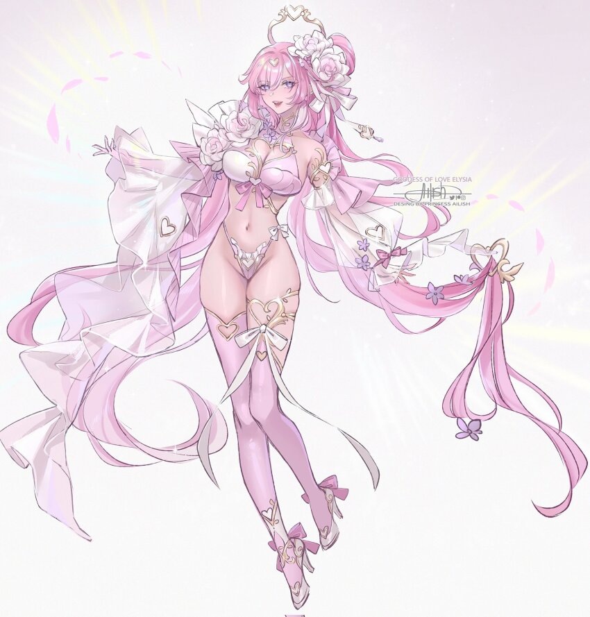 1girl alternate_costume artist_name breasts cleavage commentary elysia_(honkai_impact) english_commentary flower full_body hair_flower hair_ornament heart heart-shaped_pupils high_heels highres honkai_(series) honkai_impact_3rd large_breasts long_hair navel open_mouth panties pink_hair pink_panties pink_thighhighs princess_ailish purple_eyes simple_background solo stomach symbol-shaped_pupils thighhighs thighs two-tone_bra underwear very_long_hair white_background white_high_heels
