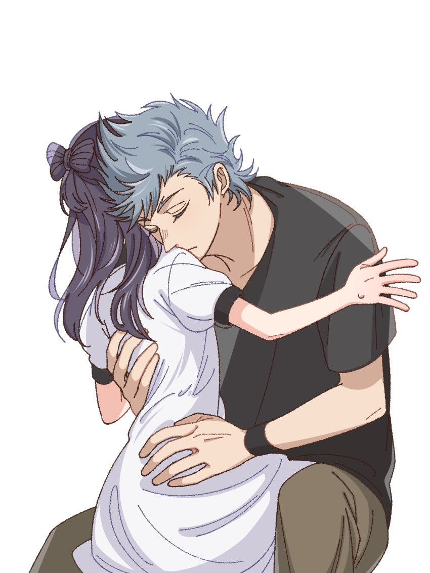 1boy 1girl black_bow black_hair black_shirt bow brown_pants closed_eyes dress facing_another grey_hair hair_bow hetero highres hug miyao_nemu pants shirt short_sleeves simple_background sitting sweatdrop t-shirt white_background white_dress witch_watch wolf_(witch_watch) yoshitaka_(palooo)