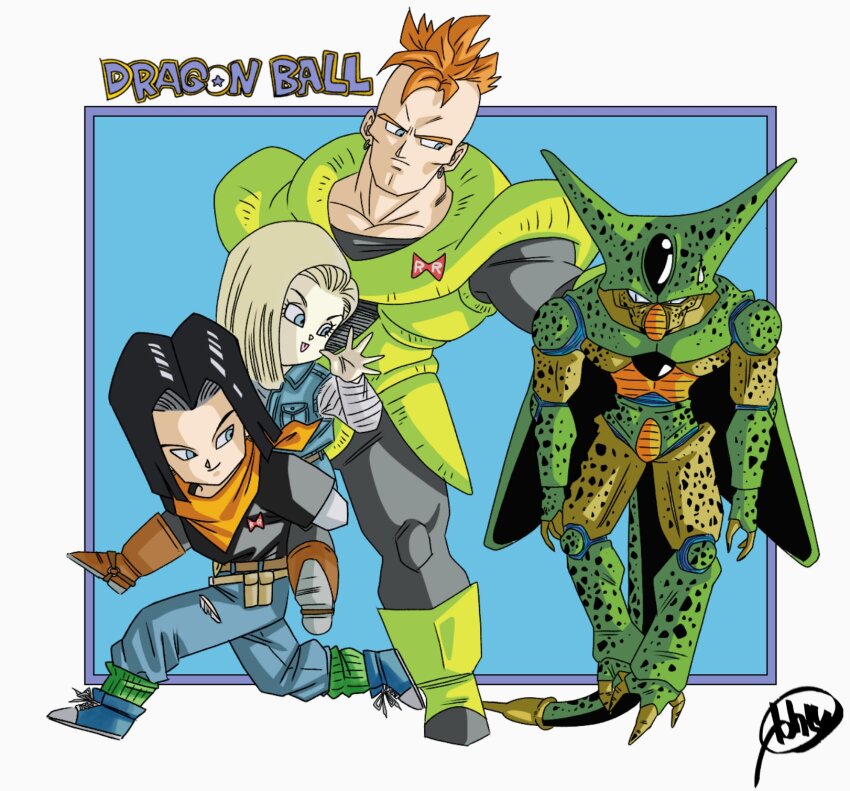 1girl 3boys android_16 android_17 android_18 black_hair blonde_hair blue_eyes brother_and_sister carrying cell_(dragon_ball) copyright_name dragon_ball dragonball_z earrings frown highres imperfect_cell jewelry kakeru_(dbskakeru) mohawk multiple_boys neckerchief orange_hair orange_neckerchief piggyback siblings signature smile sweatdrop tail tongue tongue_out