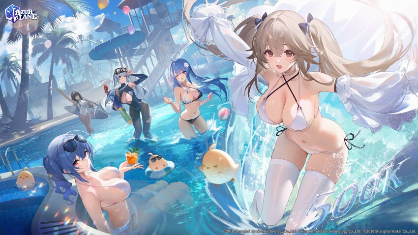 5girls adjusting_goggles ahoge amusement_park anchorage_(azur_lane) anchorage_(dolphins_and_swim_lessons)_(azur_lane) asymmetrical_hair aviator_sunglasses azur_lane ball balloon beachball bikini black_bikini black_bow black_hair black_pantyhose black_wetsuit blue_hair blush bodysuit bow breasts brown_hair choker cleavage cleavage_cutout closed_mouth clothing_cutout commentary competition_swimsuit copyright_name criss-cross_halter cropped_jacket crossed_bangs cup dark-skinned_female dark_skin diving_mask diving_mask_on_head diving_suit drink drinking_glass english_commentary enterprise_(azur_lane) enterprise_(diving_under_blue_skies)_(azur_lane) eyewear_on_head feet_out_of_frame ferris_wheel flower frilled_sleeves frills glint goggles goggles_on_head grey_hair guest_art hair_bow hair_flower hair_ornament halterneck helena_(azur_lane) helena_(shimmering_triangle_wave)_(azur_lane) highres holding holding_cup holding_drink holding_surfboard holding_water_gun huge_ahoge jacket kexue lace-trimmed_sleeves lace_trim large_breasts lens_flare logo long_hair looking_at_viewer manjuu_(azur_lane) medium_hair milestone_celebration multiple_girls northampton_(azur_lane) northampton_ii_(azur_lane) northampton_ii_(swimming_star)_(azur_lane) o-ring o-ring_bikini official_alternate_costume official_alternate_hairstyle official_art one-piece_swimsuit open_clothes open_jacket open_mouth outstretched_arms palm_tree pantyhose partially_submerged pool purple_eyes red_eyes scuba_gear second-party_source side-tie_bikini_bottom side_ponytail sideboob sitting skindentation smile splashing split-color_clothes st._louis_(an_afternoon_on_the_lido_deck)_(azur_lane) st._louis_(azur_lane) standing sunglasses surfboard swim_goggles swimsuit thighhighs torn_clothes torn_pantyhose tree twintails wading water_gun water_slide watermark waving wetsuit white_bikini white_choker white_jacket white_one-piece_swimsuit white_thighhighs