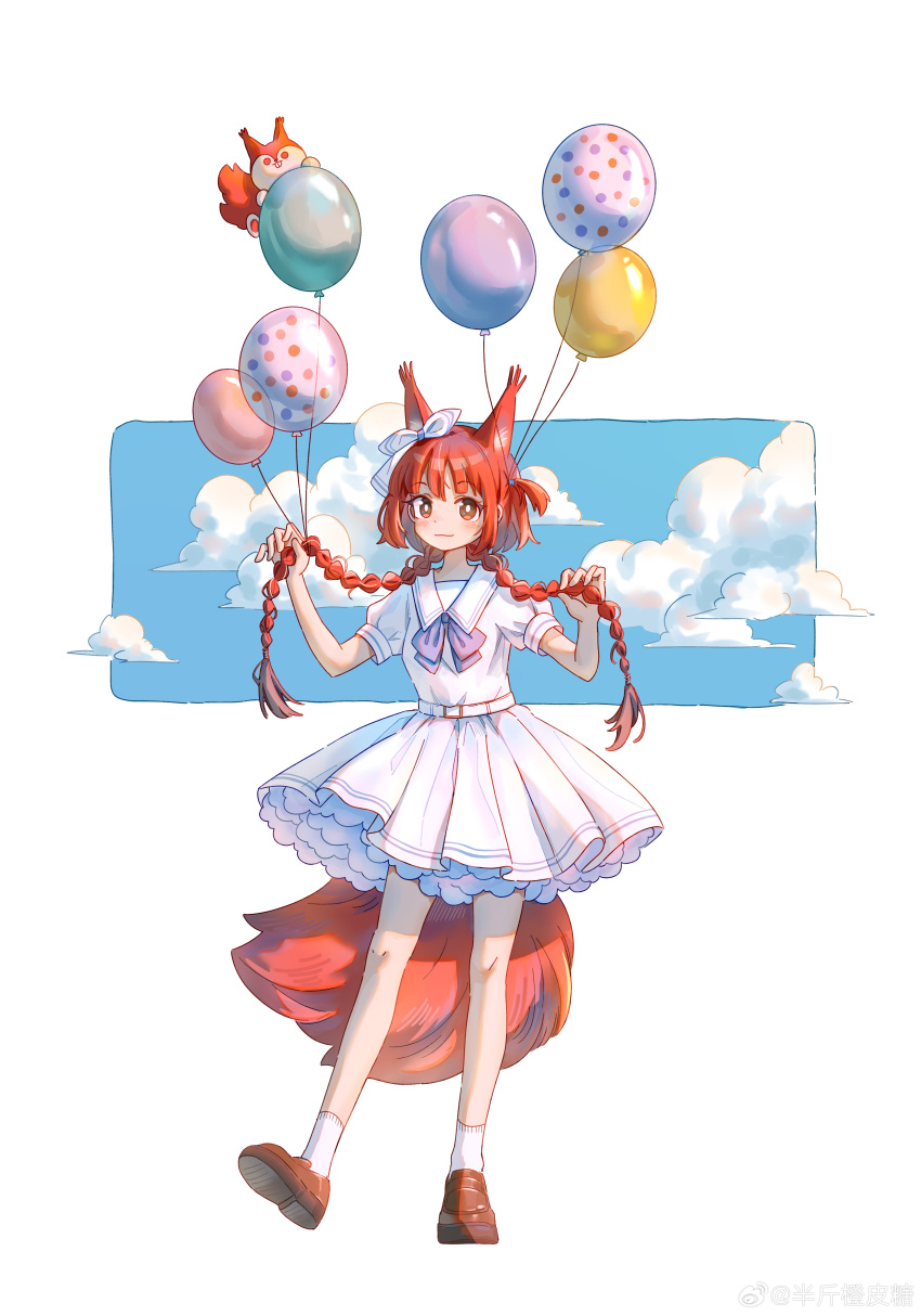 1girl absurdres animal_ears arknights balloon belt belt_buckle blush bow bowtie braid bright_pupils brown_eyes brown_shoes buckle chinese_commentary closed_mouth cloud commentary_request flametail_(arknights) full_body hair_bow hair_lift hands_in_own_hair hands_up highres light_smile long_hair looking_at_viewer petticoat puffy_short_sleeves puffy_sleeves purple_bow purple_bowtie red_hair red_tail sailor_collar sdrzkaige shirt shoe_soles shoes short_sleeves skirt socks solo standing tail twin_braids white_background white_belt white_bow white_pupils white_sailor_collar white_shirt white_skirt white_socks