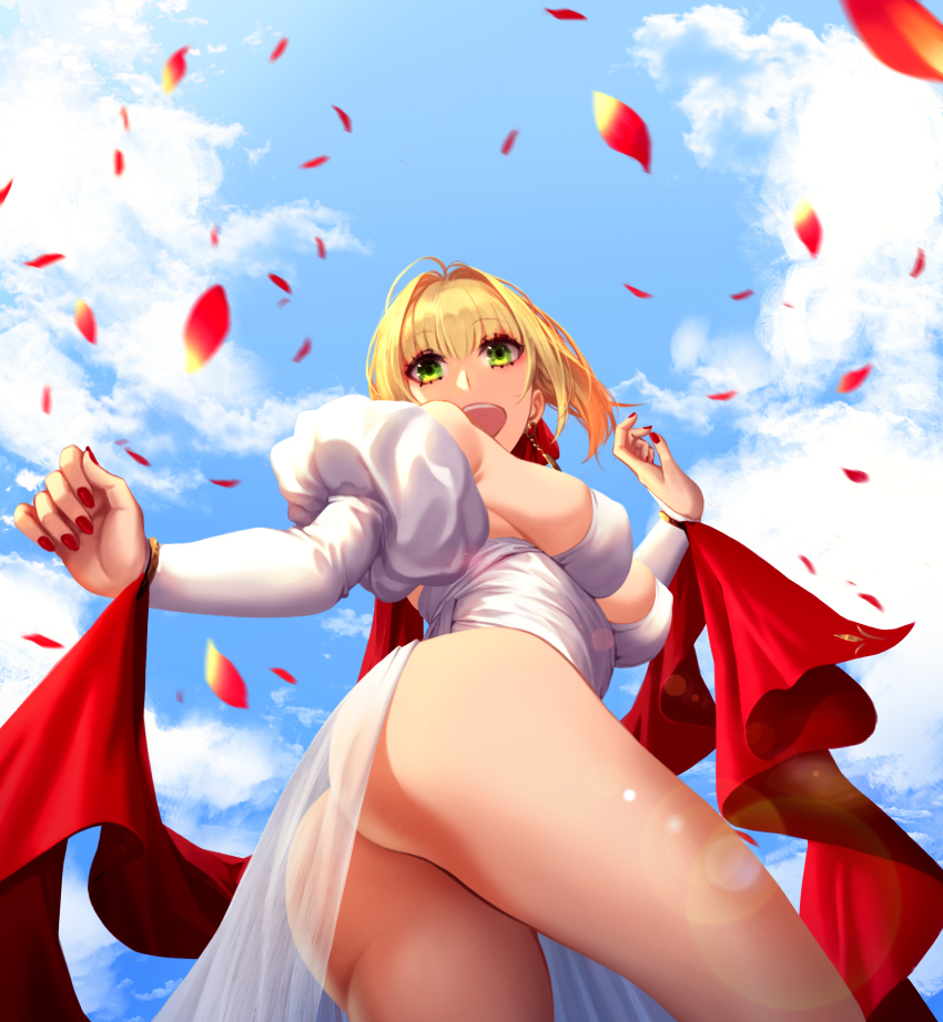 1girl absurdres ahoge ass bare_shoulders blonde_hair blue_sky blush bracelet breasts cleavage detached_sleeves dress earrings fate/grand_order fate_(series) green_eyes hair_bun hair_intakes hair_ribbon highres jewelry large_breasts long_hair looking_at_viewer neck_ring nero_claudius_(fate) nero_claudius_(formal_dress)_(fate) open_mouth petals red_ribbon ribbon sash sideboob sky smile solo white_dress yand