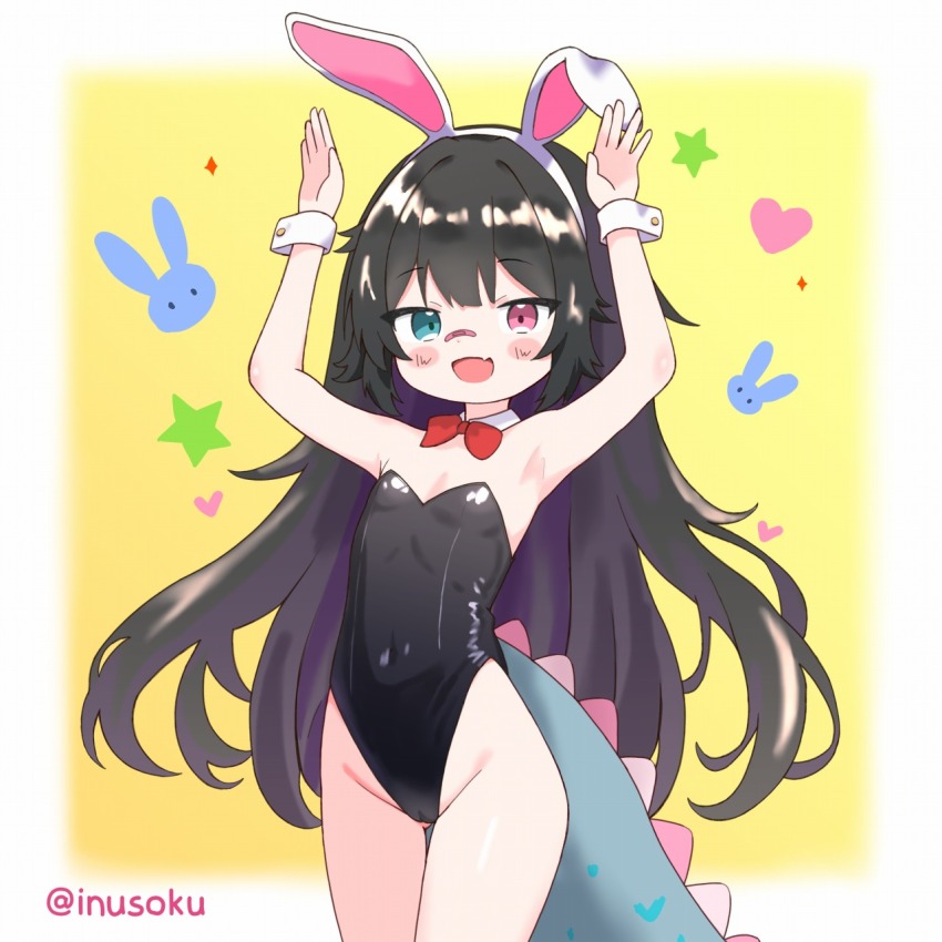 1girl animal_ear_hairband animal_ears bare_legs black_hair black_leotard blue_eyes bow bowtie breasts commission delulu_dino detached_collar dinosaur_girl dinosaur_tail fake_animal_ears fang hairband heterochromia highres indie_virtual_youtuber inusoku leotard long_hair playboy_bunny rabbit_ears red_bow red_bowtie red_hair skeb_commission skin_fang small_breasts solo strapless strapless_leotard tail twitter_username virtual_youtuber wrist_cuffs yellow_background