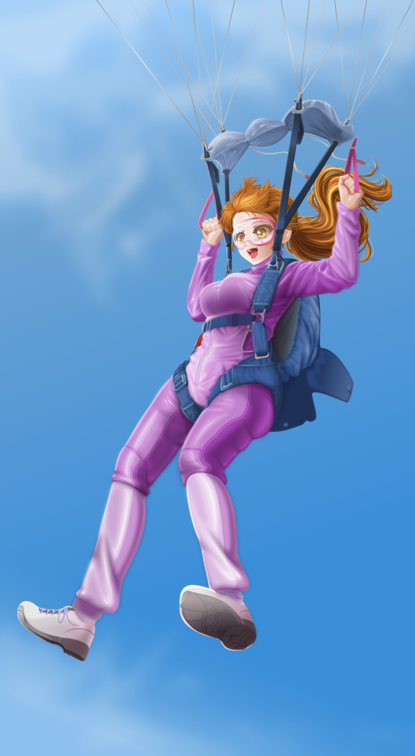 1girl absurdres blue_sky brown_eyes brown_hair commission goggles harness highres ink_b.p. jumpsuit maya_(phallen1) midair original outdoors parachute pink_jumpsuit pixiv_commission ponytail shoes sky skydive sneakers two-tone_jumpsuit