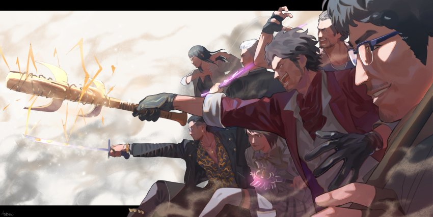 2girls 5boys absurdres adachi_koichi ascot baseball_bat black_hair black_shirt black_shorts blue_shirt charging_forward electricity facial_hair fingerless_gloves floral_print gloves glowing glowing_weapon grey_jacket hair_slicked_back han_joon-gi highres idol irei_yukitoshi jacket jian_(weapon) kamataki_eri kasuga_ichiban letterboxed long_hair male_focus mukoda_saeko multiple_boys multiple_girls nanba_yu needle pants red_ascot red_jacket ryuu_ga_gotoku_(series) ryuu_ga_gotoku_7 shirt shorts sleeves_rolled_up smile staff star_wand sunglasses tight_clothes tight_pants wand weapon white_jacket zhao_tianyou