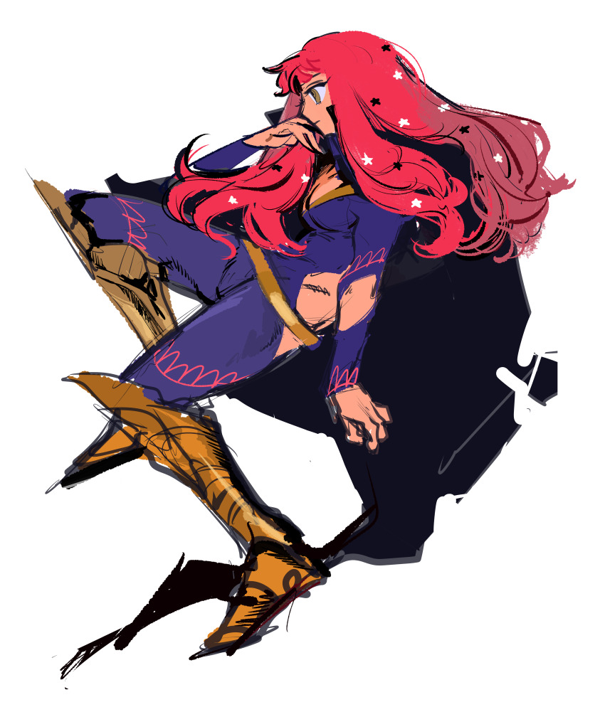1girl absurdres belt black_cape bodysuit cape choker facial_mark fire_emblem fire_emblem_engage gold_belt hair_ornament highres mochako_(motyako_1005) nintendo pink_choker purple_bodysuit red_eyes red_hair star_(symbol) star_facial_mark star_hair_ornament yellow_belt yunaka_(fire_emblem)