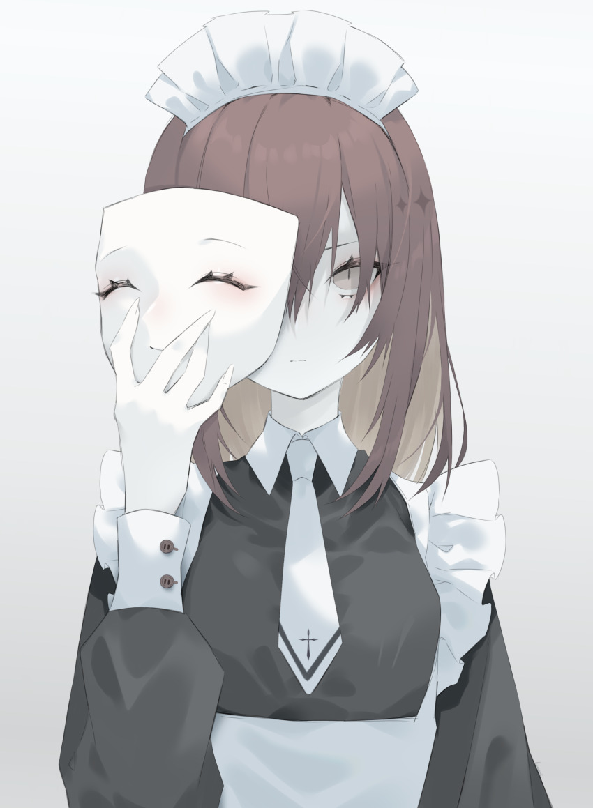 1girl absurdres apron black_dress breasts brown_eyes brown_hair closed_mouth commentary_request dress expressionless grey_background hair_between_eyes highres holding holding_mask kotarou_(kot_mochi) long_sleeves looking_at_viewer maid maid_apron maid_headdress mask medium_hair necktie one_eye_covered original simple_background slit_pupils solo straight-on upper_body white_apron white_necktie