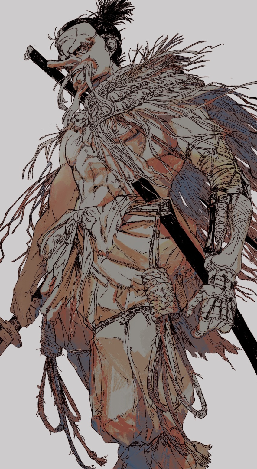 1boy absurdres black_hair grey_background highres japanese_clothes katana male_focus mask masked muscular muscular_male ninja nipples piyomotsu ponytail prosthesis prosthetic_arm scarf sekiro sekiro:_shadows_die_twice short_hair simple_background solo straw_cape sword sword_on_back tengu_mask topknot weapon weapon_on_back