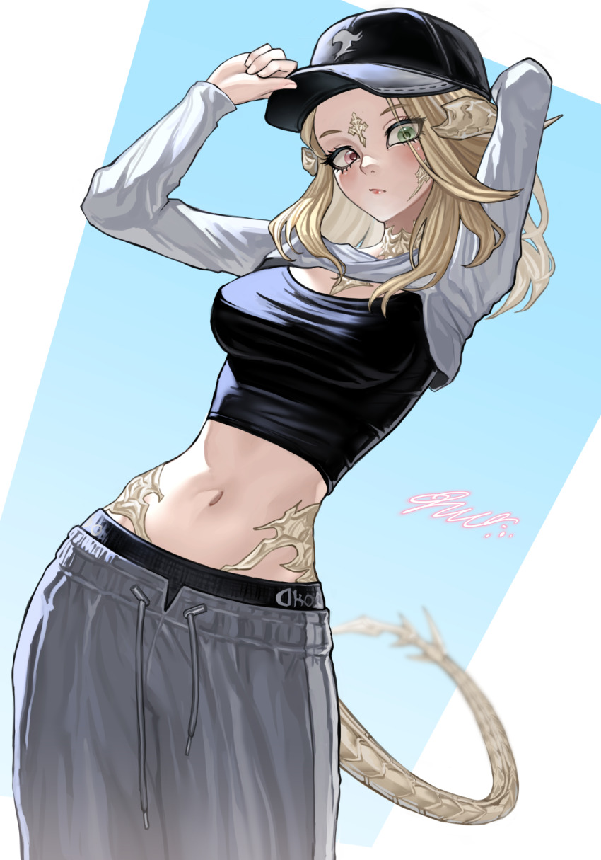 1girl adjusting_clothes adjusting_headwear arm_behind_head au_ra baseball_cap black_shirt black_shorts blonde_hair blush breasts closed_mouth dragon_horns dragon_tail final_fantasy final_fantasy_xiv green_eyes grey_pants hat heterochromia highres horns hyuu_(sing-dog) large_breasts lipstick makeup navel pants pink_eyes scales shirt shorts shrug_(clothing) solo stomach sweatpants tail tank_top warrior_of_light_(ff14)