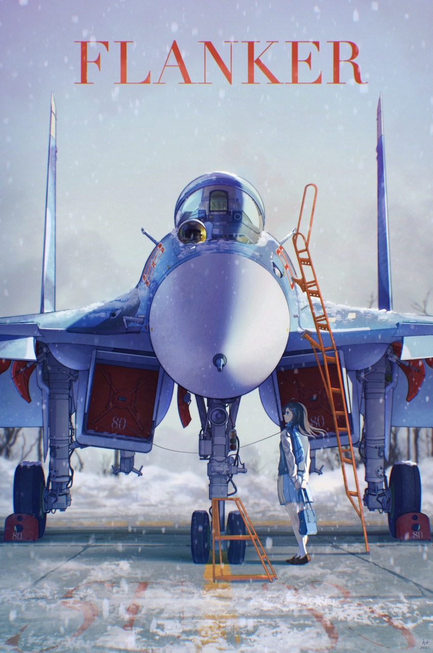 1girl absurdres aircraft airplane bag black_hair blue_bag blue_scarf fighter_jet highres holding holding_bag hwwsph ladder landing_gear military_vehicle original pleated_skirt runway scarf school_uniform serafuku skirt solo su-30 vehicle_focus