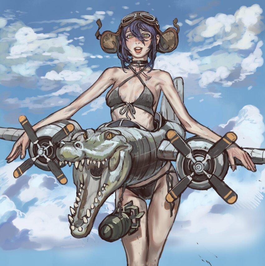 1girl absurdres aerial_bomb aircraft airplane alligator aviator_goggles bikini blue_hair bomber breasts chainsaw_man character_request crocodilian highres looking_at_viewer military_vehicle mossacannibalis open_mouth skinny sky small_breasts swimsuit yellow_eyes