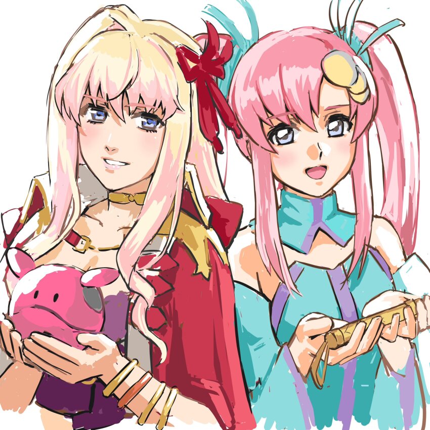 2girls blonde_hair blue_dress blue_eyes bow bracelet breasts cleavage collarbone commission detached_collar detached_sleeves dress gundam gundam_seed hair_bow hair_intakes haro highres holding holding_microphone jacket jacket_on_shoulders jewelry lacus_clyne looking_at_viewer macross macross_frontier medium_breasts microphone multiple_girls nekkikamille non-humanoid_robot open_mouth parted_lips pink_hair purple_shirt red_bow red_jacket robot sheryl_nome shirt sidelocks sketch small_breasts smile twintails