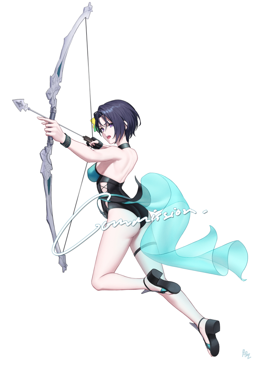 1girl aiming arrow_(projectile) ass bare_shoulders black_choker black_gloves black_hair black_one-piece_swimsuit bow_(weapon) breasts casual_one-piece_swimsuit choker commentary commission covered_erect_nipples dhokidoki fingerless_gloves fire_emblem fire_emblem:_three_houses fire_emblem_heroes flower from_behind full_body gloves hair_flower hair_ornament highres holding holding_bow_(weapon) holding_weapon looking_to_the_side medium_breasts nintendo official_alternate_costume one-piece_swimsuit open_mouth purple_eyes sandals shamir_nevrand shamir_nevrand_(summer) short_hair sideboob simple_background single_glove solo swimsuit thigh_strap v-shaped_eyebrows weapon white_background wristband yellow_flower
