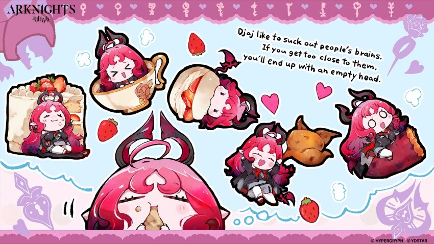 &gt;_&lt; 1girl :3 :d ^_^ arknights black_jacket blue_background blush cake chibi closed_eyes closed_mouth cup eating english_text food fruit grey_skirt heart highres holding holding_food in_container in_cup jacket long_hair multiple_views nymph_(arknights) o_o official_art open_mouth purple_eyes red_hair red_shoes shirt shoes skirt sleeveless sleeveless_shirt smile strawberry sukima_(crie) sweet_potato teacup thighhighs turkey_(food) very_long_hair white_shirt white_thighhighs xd