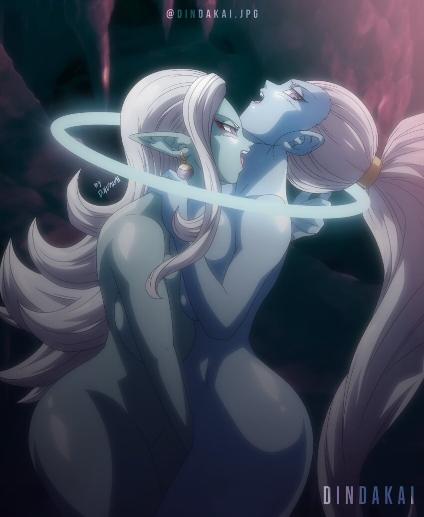 2girls alternate_hairstyle angel angel_(dragon_ball) artist_name ass blue_skin breasts cave colored_skin demon demon_girl demoness dindakai dragon_ball dragon_ball_heroes dragon_ball_super dragon_ball_xenoverse earrings female_focus female_masturbation fingering halo highres huge_ass jewelry large_breasts long_hair makeup masturbation multiple_girls nude open_mouth ponytail purple_eyes shounen_jump super_dragon_ball_heroes tongue tongue_out towa_(dragon_ball) vados_(dragon_ball) very_long_hair white_hair yuri