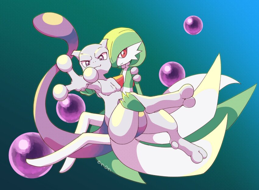 1boy 1girl animal_feet animal_hands arm_around_shoulder arm_up artist_name bob_cut carrying closed_mouth colored_skin enohito flat_chest furry furry_male gardevoir gen_1_pokemon gen_3_pokemon gradient_background green_background green_hair green_skin hair_over_one_eye hand_on_another&#039;s_shoulder hands_up happy highres legendary_pokemon looking_at_viewer mewtwo multicolored_skin nintendo one_eye_covered orb outstretched_arm pokemon pokemon_(creature) pokemon_tcg pokemon_tcg_pocket princess_carry purple_eyes purple_skin reaching reaching_towards_viewer red_eyes role_reversal short_hair signature simple_background smile spread_fingers tail_raised two-tone_skin white_skin