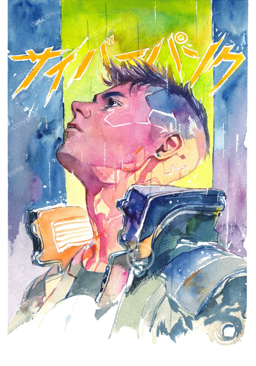 1boy absurdres artist_name cropped_shoulders cyberpunk cyberpunk_(series) cyberpunk_edgerunners cyborg david_martinez facing_to_the_side highres itoscaresme jacket looking_to_the_side mohawk painting_(medium) samurai_jacket_(cyberpunk) science_fiction solo traditional_media watercolor_(medium) watermark