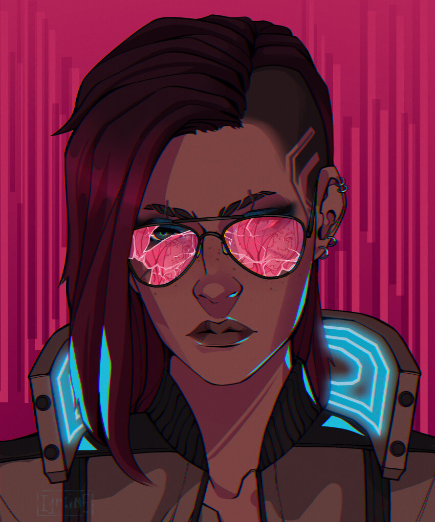 1girl absurdres asymmetrical_hair blue_eyes broken_eyewear cyberpunk cyberpunk_(series) cyberpunk_2077 earrings highres igraine_art jewelry looking_at_viewer pink-tinted_eyewear portrait red_hair short_hair sidecut solo tinted_eyewear undercut v_(cyberpunk) valerie_(cyberpunk)