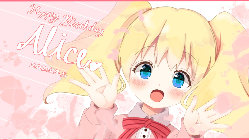 1girl :d alice_cartelet blonde_hair blue_eyes blush bow bowtie cardigan character_name collared_shirt commentary_request dated dutch_angle gradient_eyes hands_up happy happy_birthday highres kin-iro_mosaic letterboxed looking_at_viewer moegi_high_school_uniform multicolored_eyes open_mouth palms pink_background pink_cardigan pink_petals red_bow red_bowtie rotation school_uniform shirt simple_background smile solo striped_bow striped_bowtie striped_clothes twintails wanwan_(skoji1234)