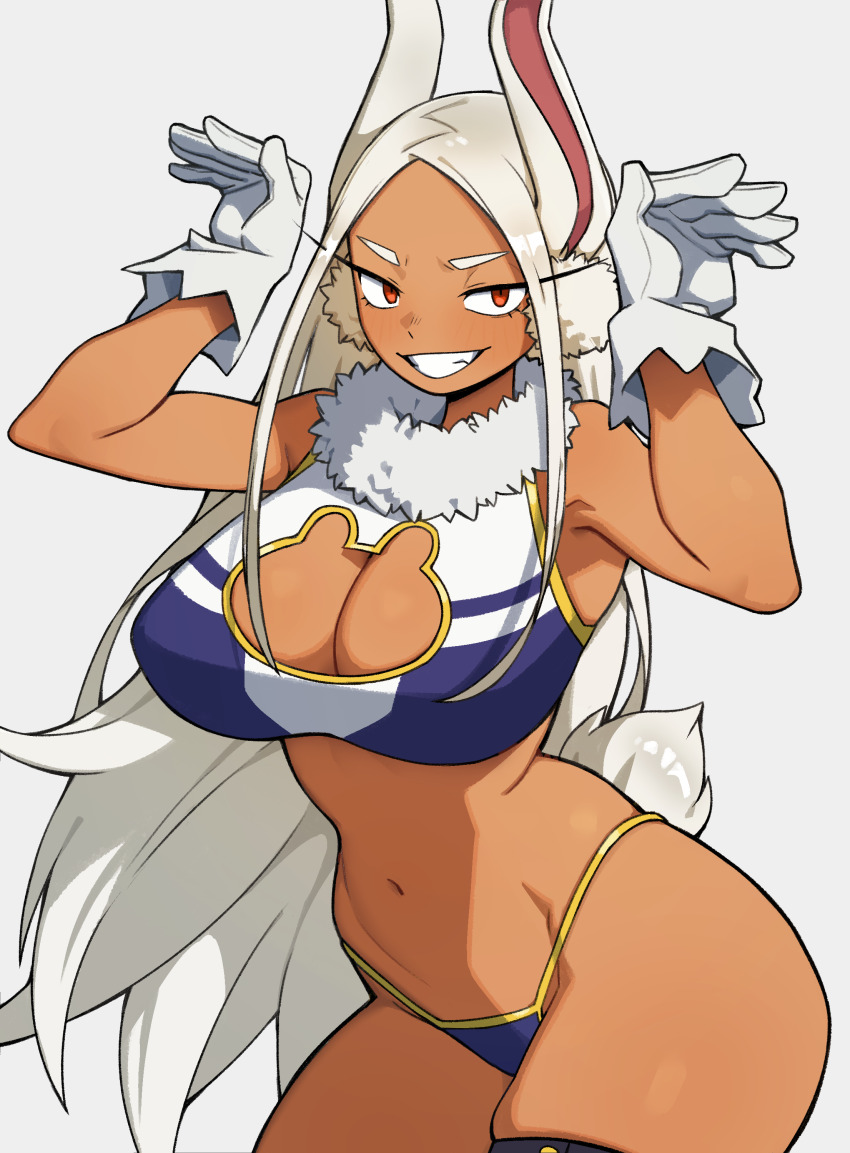 1girl absurdres animal_ears boku_no_hero_academia breasts cleavage cleavage_cutout clothing_cutout commentary dark-skinned_female dark_skin flowerpigeon gloves groin highres large_breasts long_hair mirko navel rabbit_ears rabbit_girl rabbit_pose rabbit_tail simple_background smile solo standing tail very_long_hair white_background white_gloves white_hair