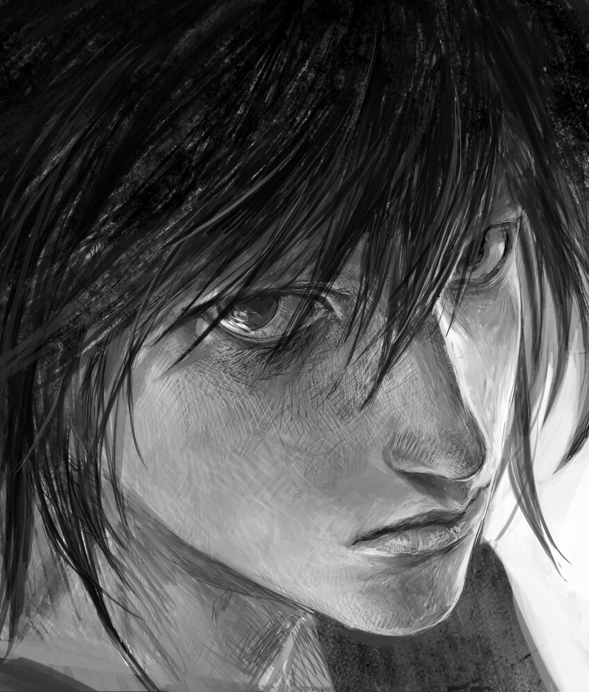 1boy absurdres death_note expressionless fieroo greyscale hair_between_eyes highres l_(death_note) lips looking_at_viewer male_focus monochrome nose portrait short_hair simple_background solo white_background