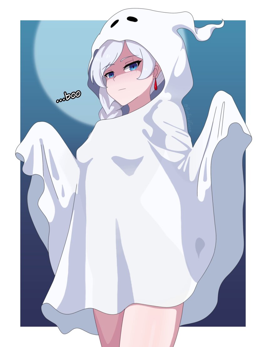 1girl absurdres ai-assisted blue_eyes breasts earrings expressionless ghost_costume guilegaze halloween halloween_costume highres jewelry long_hair ponytail rwby scar scar_across_eye scar_on_face sheet_ghost small_breasts solo unamused very_long_hair weiss_schnee white_hair