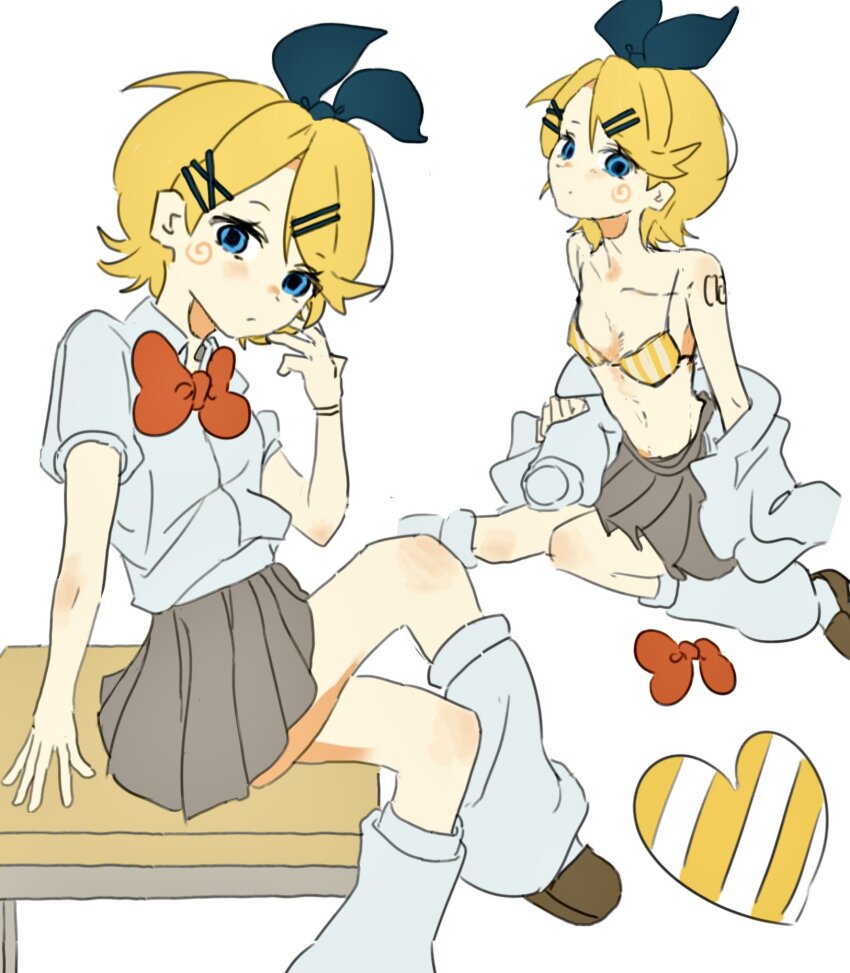 1girl black_bow blonde_hair blue_eyes bow bowtie bra bracelet breasts brown_shoes brown_skirt collarbone collared_shirt crossed_legs desk hair_bow hair_ornament hairclip head_tilt highres holding holding_unworn_clothes jewelry kagamine_rin leg_warmers looking_at_viewer midriff miniskirt pleated_skirt puffy_short_sleeves puffy_sleeves red_bow red_bowtie school_desk school_uniform shirt shoes short_hair short_sleeves shoulder_tattoo sitting skinny skirt small_breasts solo spiral_cheeks striped_bra striped_clothes swept_bangs tattoo tucking_hair underwear unworn_shirt vocaloid white_leg_warmers white_shirt yellow_bra z_z00a