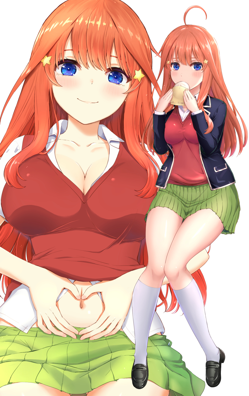1girl absurdres ahoge steamed_bun black_footwear blazer blue_eyes blue_jacket blush breasts cleavage collarbone collared_shirt commentary_request cowboy_shot eating eyebrows_hidden_by_hair food full_body go-toubun_no_hanayome green_skirt hair_ornament hands_on_own_stomach heart heart_hands highres holding holding_food inanaki_shiki jacket kneehighs knees_together_feet_apart large_breasts loafers long_hair long_sleeves looking_at_viewer multiple_views nakano_itsuki navel open_clothes open_jacket partially_unbuttoned pleated_skirt red_hair red_sweater_vest school_uniform shirt shoes short_sleeves sidelocks simple_background sitting skirt smile socks star_(symbol) star_hair_ornament sweater_vest sweater_vest_lift uterus_pose v-neck white_background white_shirt white_socks