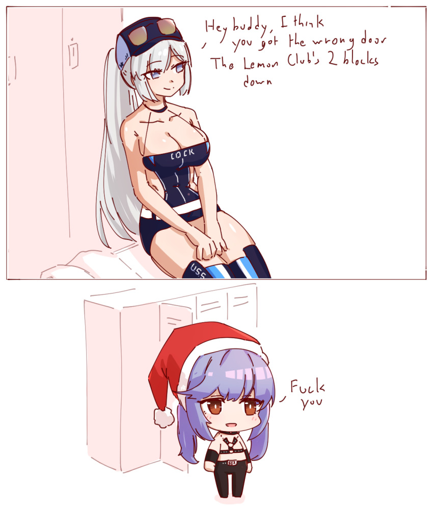 2girls azur_lane english_text enterprise_(azur_lane) enterprise_(wind_catcher)_(azur_lane) essex_(azur_lane) eyewear_on_head hat highres liveactors locker long_hair multiple_girls purple_hair santa_hat white_hair