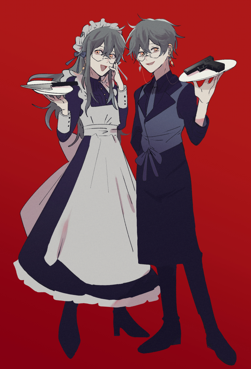 1boy 1girl alternate_costume apron black_boots black_shirt blue_dress boots bug_bbb butler collared_shirt dress dual_persona earrings enmaided eyewear_strap film_grain full_body genderswap genderswap_(mtf) glasses grey_hair gun hair_between_eyes high_heels highres holding holding_tray ike_eveland jewelry knife long_hair long_sleeves looking_at_viewer maid maid_apron maid_headdress necktie nijisanji nijisanji_en open_mouth red_background shirt simple_background smile tray virtual_youtuber weapon white_apron yellow_eyes