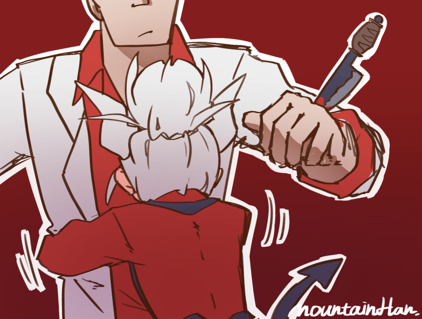 1boy 1girl blood commentary_request demon_girl demon_horns demon_tail height_difference helltaker helltaker_(character) highres horns hug kitchen_knife lucifer_(helltaker) mountain_han sad stab tail white_hair white_horns