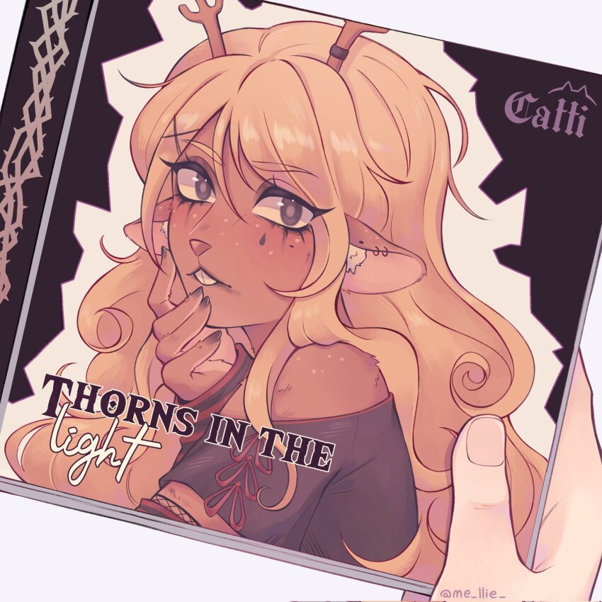 1girl 1other animal_ear_fluff animal_ear_piercing animal_ears animal_nose antlers bare_shoulders black_arm_warmers black_eyeshadow black_nails black_shirt blonde_hair body_freckles bright_pupils brown_eyes buck_teeth cd closed_mouth clothing_cutout commentary corrupted_twitter_file dark-skinned_female dark_skin deer_antlers deer_ears deer_girl deltarune detached_sleeves english_commentary english_text eyeshadow fingernails fishnet_sleeves fishnets freckles furry furry_female grey_background hair_between_eyes hair_over_shoulder hand_on_own_chin highres holding_cd horns kris_(deltarune) light-skinned_palms long_hair looking_at_viewer makeup mel_(melmellie) nail_polish noelle_holiday portrait pov pov_hands red_arm_warmers red_ribbon ribbon ribbon-trimmed_sleeves ribbon_trim shirt short_sleeves shoulder_cutout shoulder_freckles sidelocks simple_background striped_arm_warmers teardrop_facial_mark teeth twitter_username utdr_(toby_fox) wavy_hair