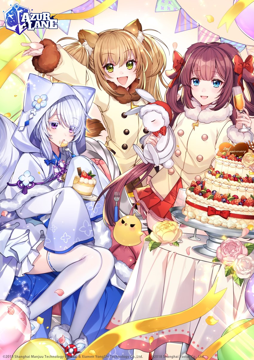 3girls absurdres alcohol azur_lane blue_eyes blush bow brown_hair cake coat company_name copyright_name cup drinking_glass eating food fork green_eyes hair_bow highres holding holding_cup holding_fork katagiri_hachigou kiyonami_(azur_lane) long_hair long_sleeves looking_at_viewer makinami_(azur_lane) multiple_girls open_mouth pleated_skirt purple_eyes red_bow red_skirt silver_hair sitting skirt sleeves_past_wrists smile table thighhighs twintails uranami_(azur_lane) very_long_hair white_legwear wine wine_glass