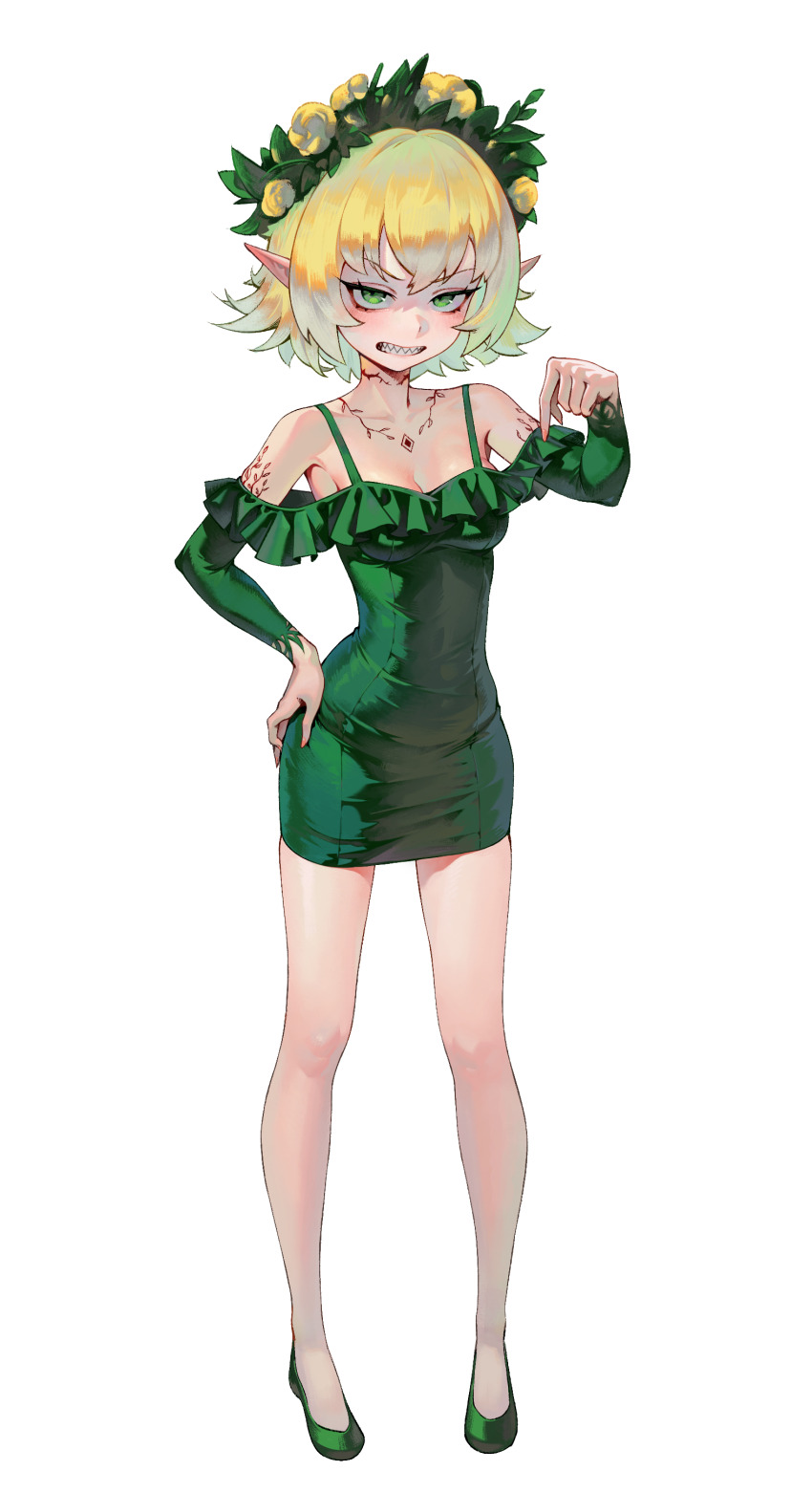 1girl absurdres angry blonde_hair breasts commentary dress elf english_commentary flower frilled_dress frills full_body gemi_ningen green_dress green_eyes green_footwear hair_flower hair_ornament hand_on_own_hip highres long_sleeves looking_at_viewer off-shoulder_dress off_shoulder original pathfinder pencil_dress pointing pointing_down pointy_ears sharp_teeth short_hair simple_background small_breasts solo spaghetti_strap tattoo teeth white_background witch