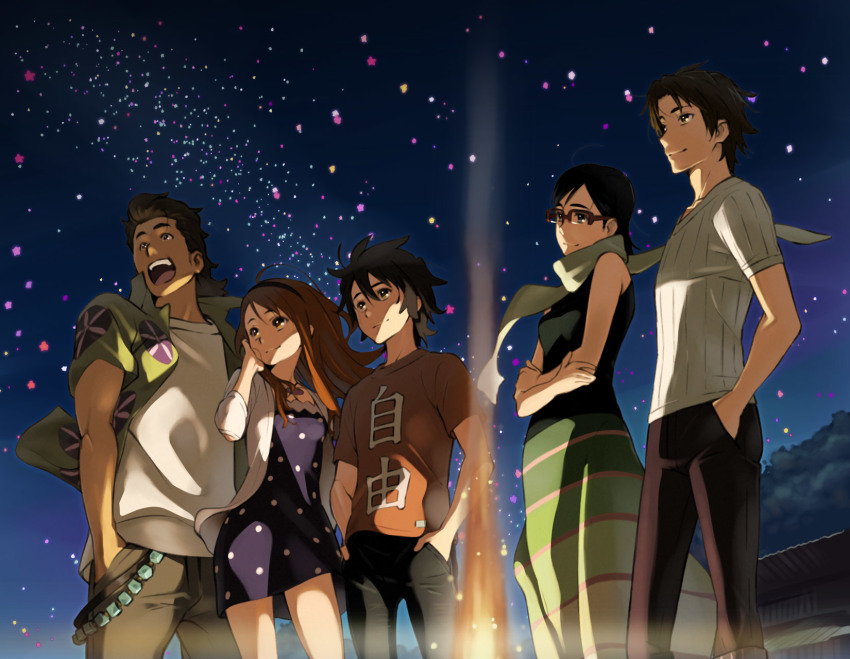 2girls 3boys anjou_naruko ano_hi_mita_hana_no_namae_wo_bokutachi_wa_mada_shiranai. artist_request brown_eyes brown_hair collar dress glasses highres hikikomori hisakawa_tetsudou key_visual long_hair matsuyuki_atsumu multiple_boys multiple_girls official_art orange_eyes orange_hair promotional_art short_hair tsurumi_chiriko yadomi_jinta