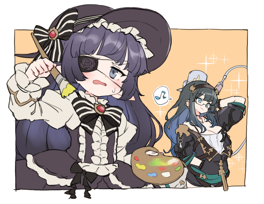 2girls black_hair bow breasts cleavage dress eyepatch gazacy_(dai) glasses granblue_fantasy hand_in_pocket harvin hat highres illnott_(granblue_fantasy) long_hair lunalu_(granblue_fantasy) multiple_girls musical_note paint_gun paintbrush paint_palette pointy_ears smile spoken_musical_note