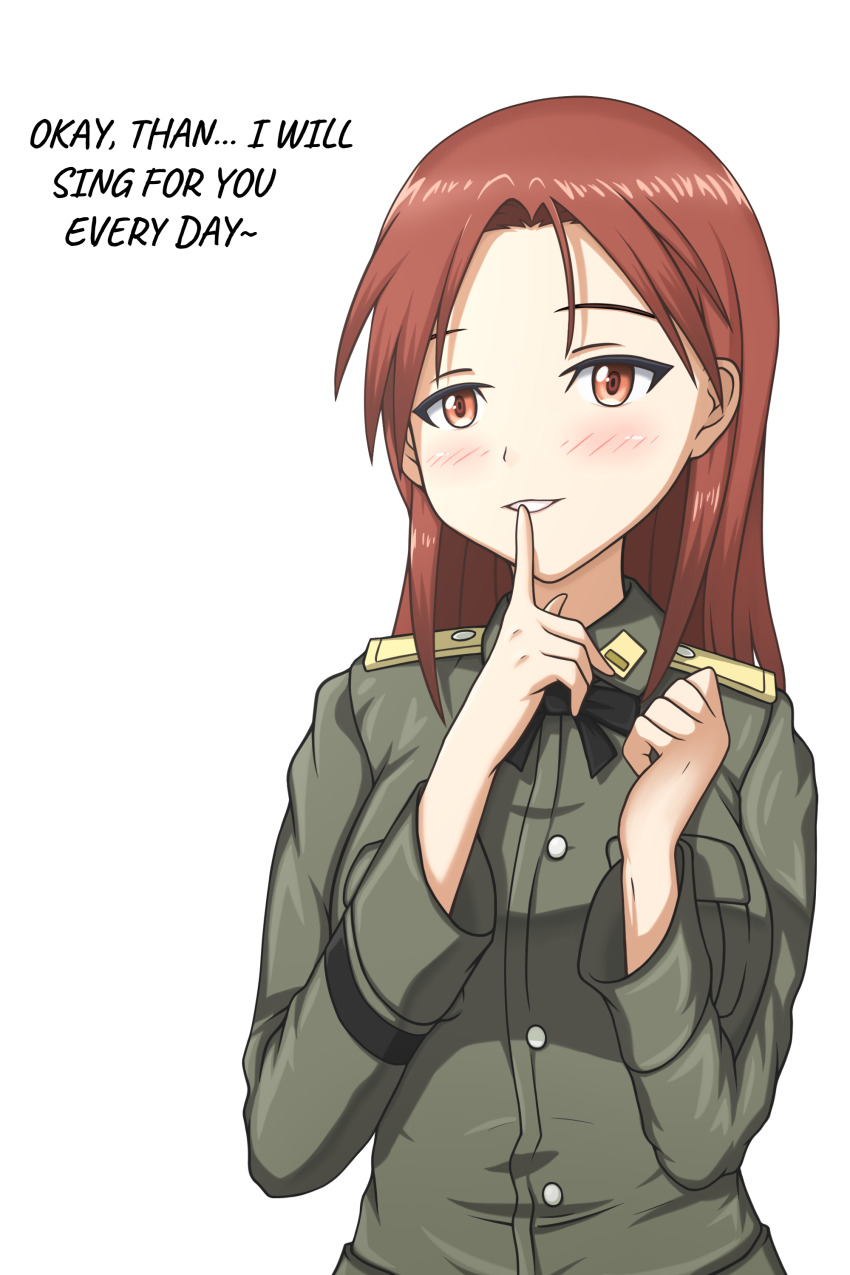1girl blush breasts finger_to_mouth hattorin large_breasts long_hair military_uniform minna-dietlinde_wilcke red_eyes red_hair simple_background solo strike_witches white_background world_witches_series